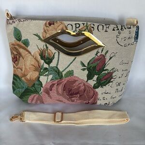 Beige with pink rose crossbody bag (15.35X3.9”X11.4”)